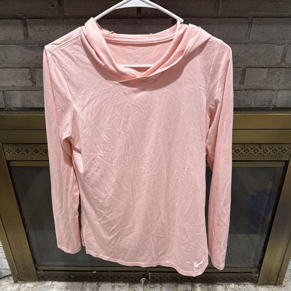 NIKE Pro Dri-Fit Athletic Gym Shirt Women's Small Pink Hooded LS Semi-Fitted